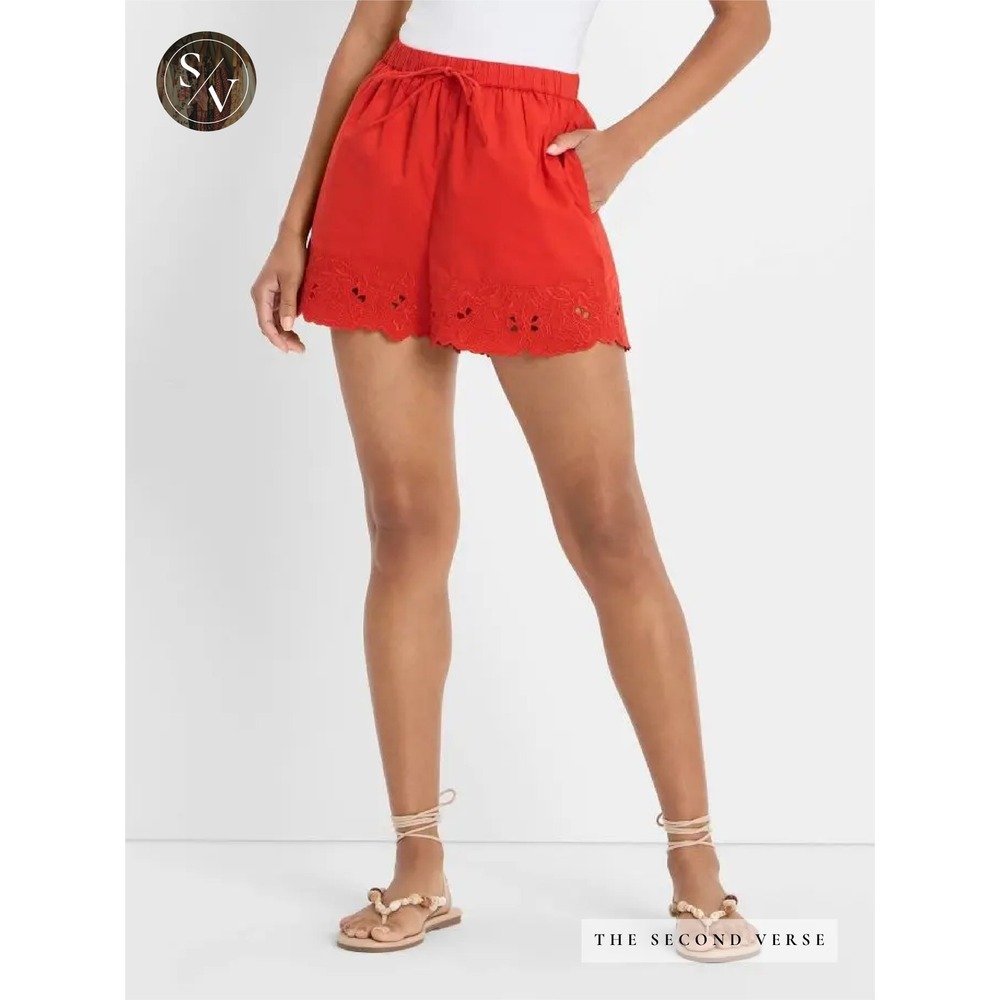 Future Collective Shorts Womens XL Eyelet‎ Scalloped Hem Drawstring Red XL